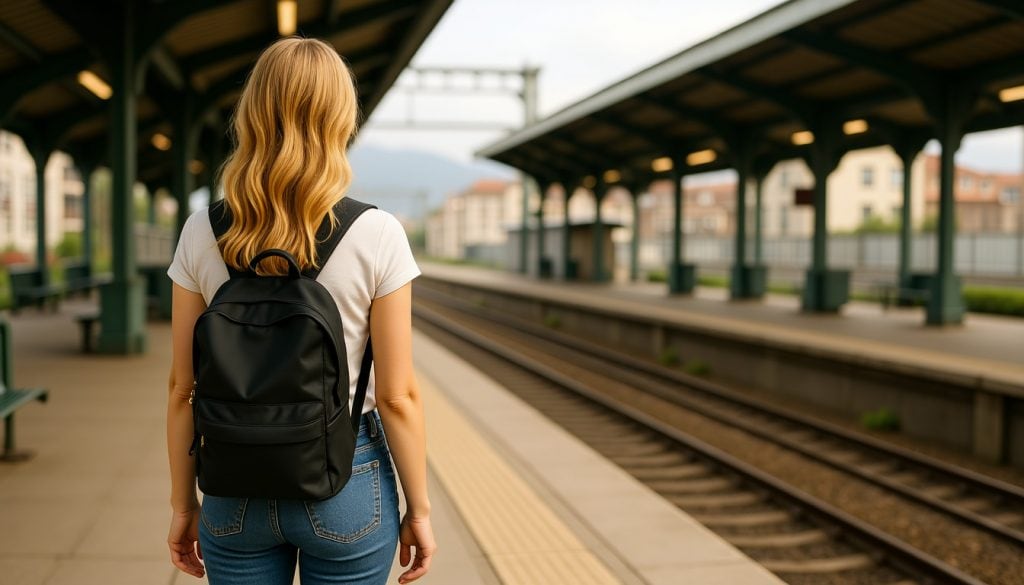 Lea wartet am Bahnhof auf dem Zug zur nächsten Reise.
