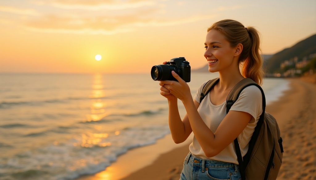 Lea fotografiert das Meer und den Strand beim Sonnenuntergang