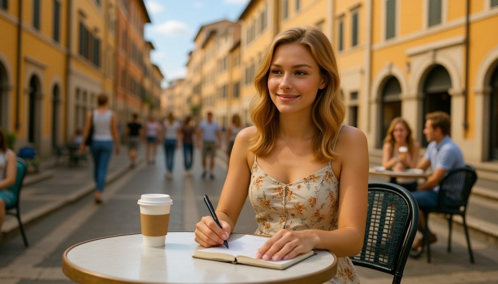 Lea trinkt einen Kaffee macht sich Gedanken und Notizen