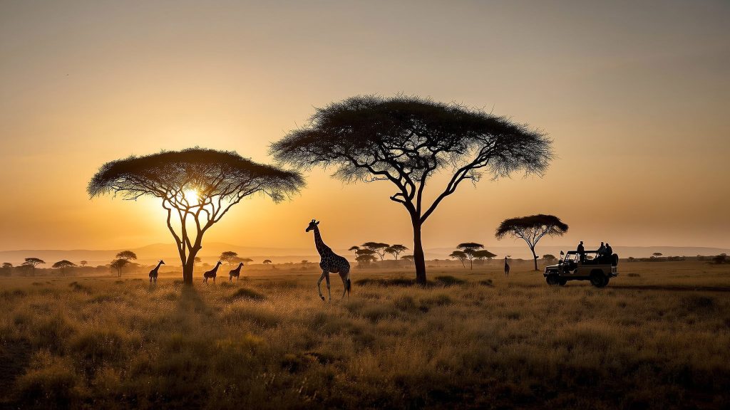 Lea auf Ihrer Weltreise in der afrikanischen Savanna bei einer Safari mit Jeep und Giraffen im Sonnneuntergang